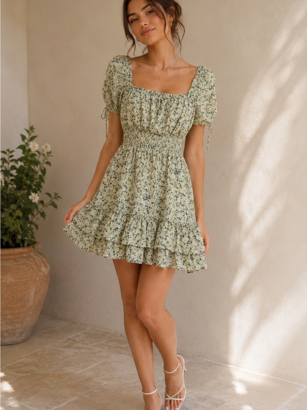 Liberty Love Pale Green Floral Smocked Mini Dress